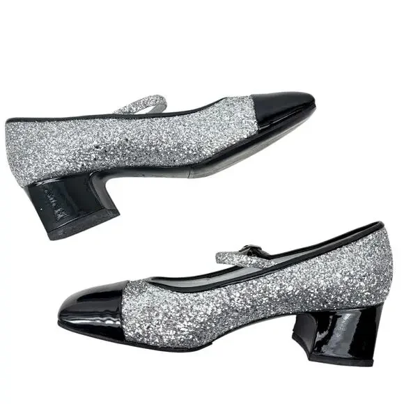 Chanel Glitter Patent Leather Cap Toe Mary Jane Pumps Silver Size 39.5 - Picture 8 of 12